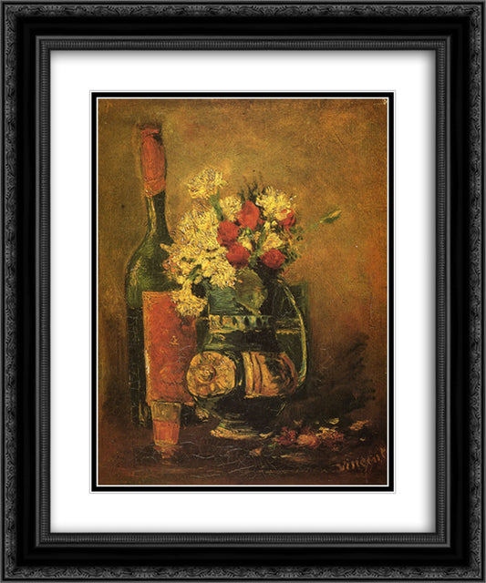 Vase with Carnations and Bottle 20x24 Black Ornate Wood Framed Art Print Poster with Double Matting by Van Gogh, Vincent