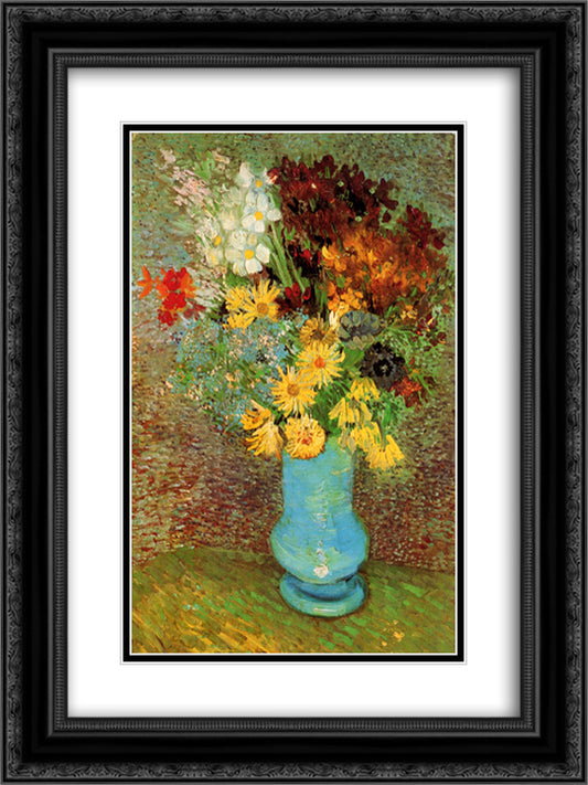 Vase with Daisies and Anemones 18x24 Black Ornate Wood Framed Art Print Poster with Double Matting by Van Gogh, Vincent