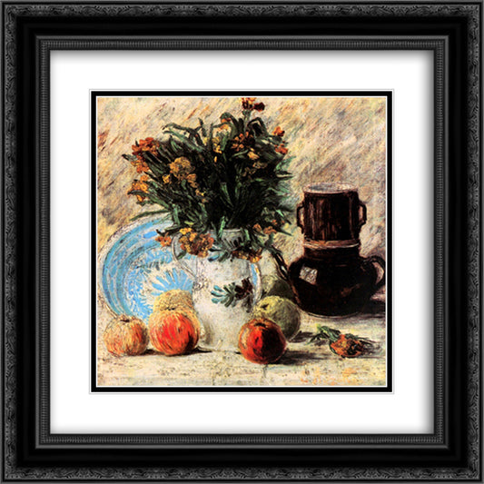 Vase with Flowers, Coffeepot and Fruit 20x20 Black Ornate Wood Framed Art Print Poster with Double Matting by Van Gogh, Vincent
