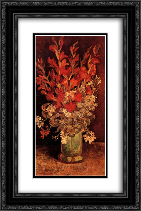 Vase with Gladioli and Carnations 16x24 Black Ornate Wood Framed Art Print Poster with Double Matting by Van Gogh, Vincent