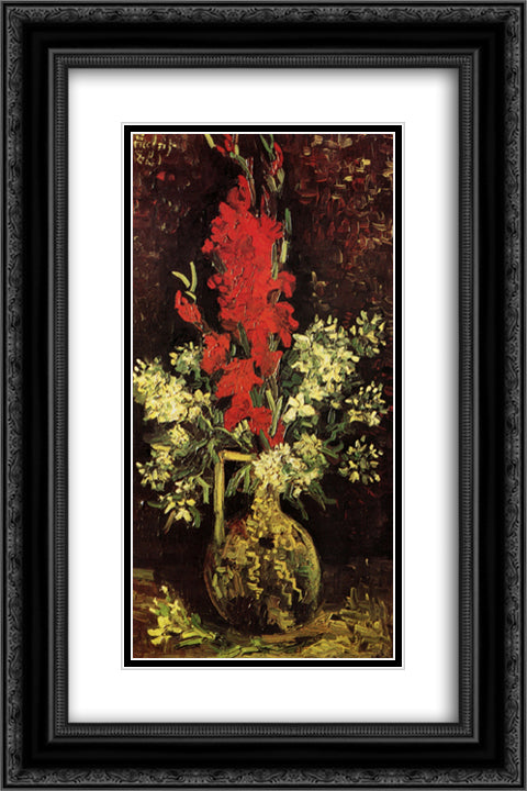 Vase with Gladioli and Carnations 16x24 Black Ornate Wood Framed Art Print Poster with Double Matting by Van Gogh, Vincent