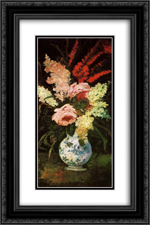 Vase with Gladioli and Lilac 16x24 Black Ornate Wood Framed Art Print Poster with Double Matting by Van Gogh, Vincent