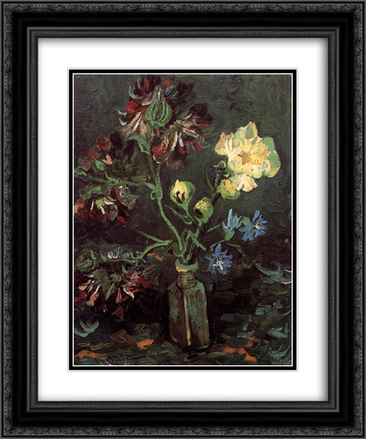 Vase with Myosotis and Peonies 20x24 Black Ornate Wood Framed Art Print Poster with Double Matting by Van Gogh, Vincent