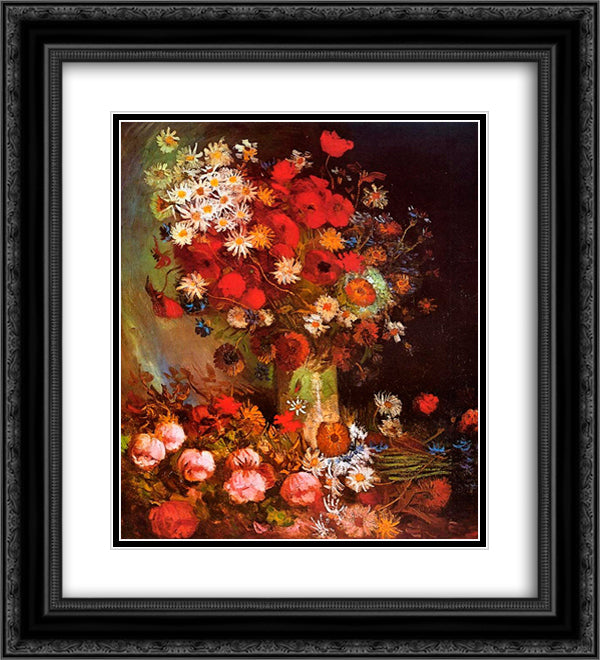 Vase with Poppies, Cornflowers, Peonies and Chrysanthemums 20x22 Black Ornate Wood Framed Art Print Poster with Double Matting by Van Gogh, Vincent