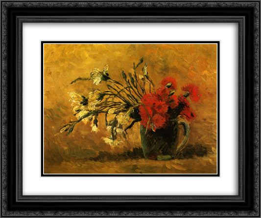 Vase with Red and White Carnations on a Yellow Background 24x20 Black Ornate Wood Framed Art Print Poster with Double Matting by Van Gogh, Vincent