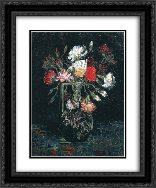 Vase with White and Red Carnations 20x24 Black Ornate Wood Framed Art Print Poster with Double Matting by Van Gogh, Vincent