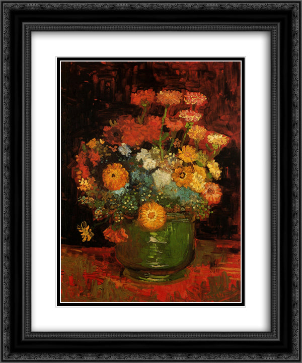 Vase with Zinnias 20x24 Black Ornate Wood Framed Art Print Poster with Double Matting by Van Gogh, Vincent