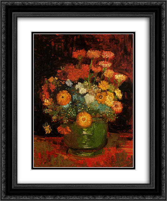 Vase with Zinnias 20x24 Black Ornate Wood Framed Art Print Poster with Double Matting by Van Gogh, Vincent