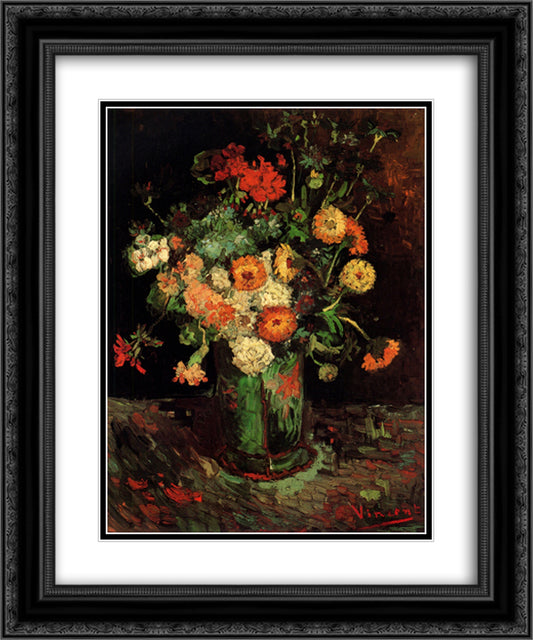 Vase with Zinnias and Geraniums 20x24 Black Ornate Wood Framed Art Print Poster with Double Matting by Van Gogh, Vincent