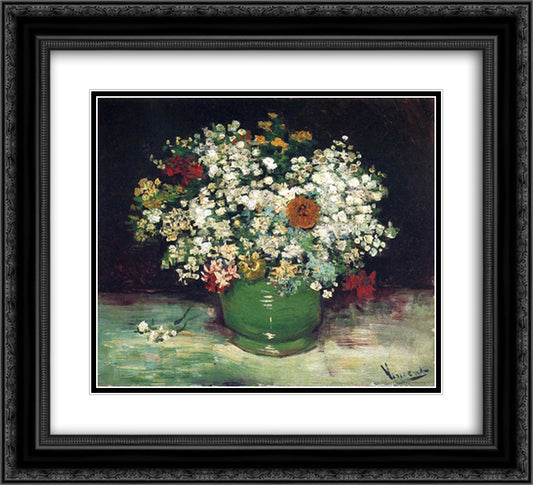 Vase with Zinnias and Other Flowers 22x20 Black Ornate Wood Framed Art Print Poster with Double Matting by Van Gogh, Vincent