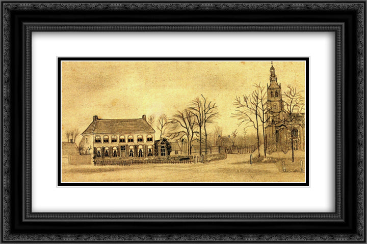 Vicarage and Church at Etten 24x16 Black Ornate Wood Framed Art Print Poster with Double Matting by Van Gogh, Vincent