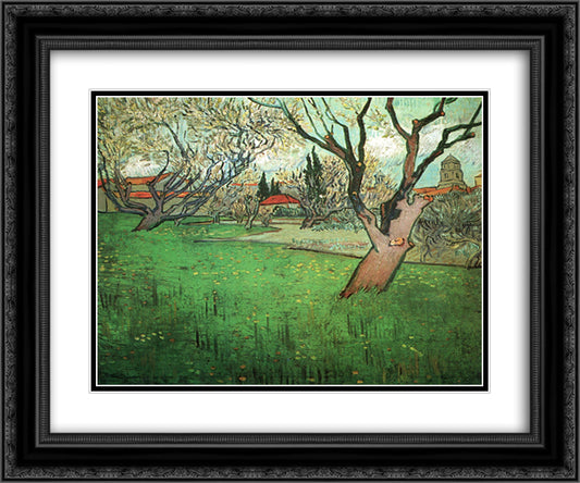 View of Arles with Trees in Blossom 24x20 Black Ornate Wood Framed Art Print Poster with Double Matting by Van Gogh, Vincent