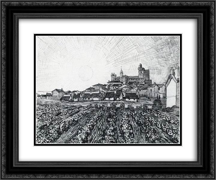 View of Saintes-Maries with Church and Ramparts 24x20 Black Ornate Wood Framed Art Print Poster with Double Matting by Van Gogh, Vincent