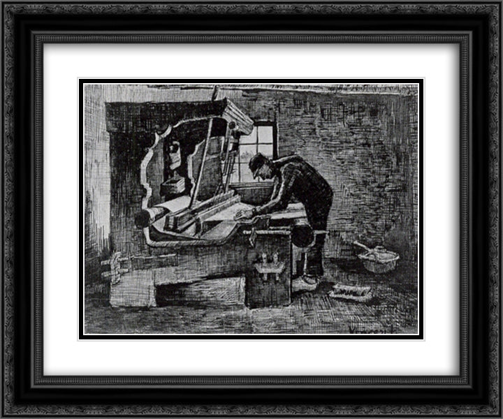 Weaver Standing in Front of a Loom 24x20 Black Ornate Wood Framed Art Print Poster with Double Matting by Van Gogh, Vincent