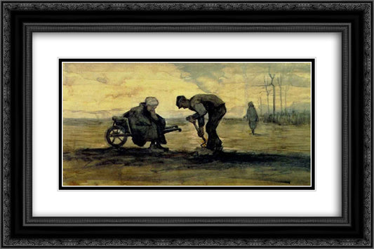Weed Burner, Sitting on a Wheelbarrow with his Wife 24x16 Black Ornate Wood Framed Art Print Poster with Double Matting by Van Gogh, Vincent