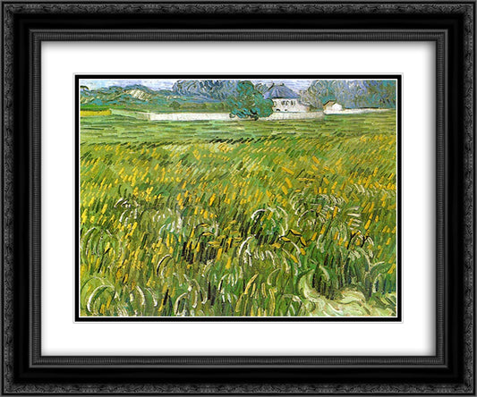 Wheat Field at Auvers with White House 24x20 Black Ornate Wood Framed Art Print Poster with Double Matting by Van Gogh, Vincent
