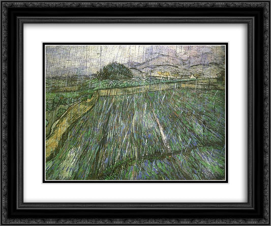 Wheat Field in Rain 24x20 Black Ornate Wood Framed Art Print Poster with Double Matting by Van Gogh, Vincent