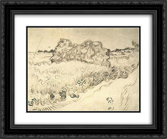 Wheat Field with a Stack of Wheat or Hay 24x20 Black Ornate Wood Framed Art Print Poster with Double Matting by Van Gogh, Vincent
