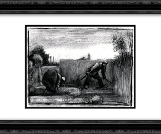 Wheat Field with Mower and a Stooping Peasant Woman 24x20 Black Ornate Wood Framed Art Print Poster with Double Matting by Van Gogh, Vincent