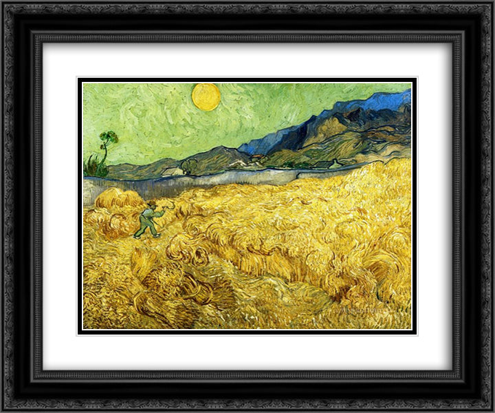 Wheat Field with Reaper and Sun 24x20 Black Ornate Wood Framed Art Print Poster with Double Matting by Van Gogh, Vincent