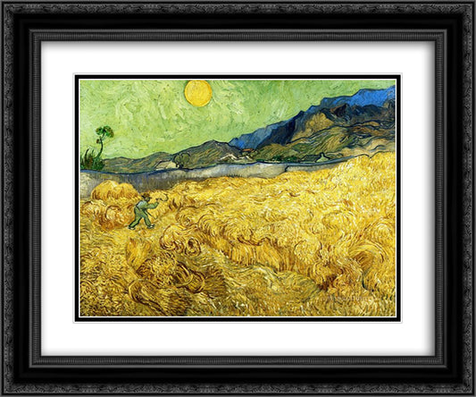 Wheat Field with Reaper and Sun 24x20 Black Ornate Wood Framed Art Print Poster with Double Matting by Van Gogh, Vincent