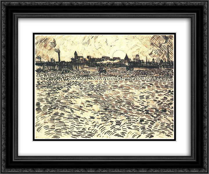 Wheat Field with Setting Sun 24x20 Black Ornate Wood Framed Art Print Poster with Double Matting by Van Gogh, Vincent