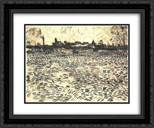 Wheat Field with Setting Sun 24x20 Black Ornate Wood Framed Art Print Poster with Double Matting by Van Gogh, Vincent