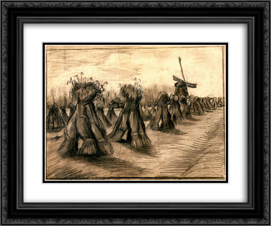 Wheat Field with Sheaves and a Windmill 24x20 Black Ornate Wood Framed Art Print Poster with Double Matting by Van Gogh, Vincent