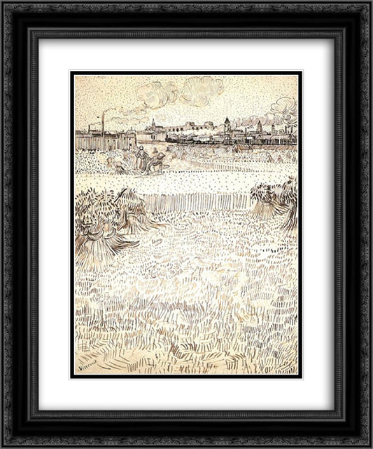 Wheat Field with Sheaves and Arles in the Background 20x24 Black Ornate Wood Framed Art Print Poster with Double Matting by Van Gogh, Vincent