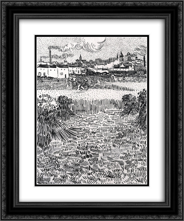 Wheat Field with Sheaves and Arles in the Background 20x24 Black Ornate Wood Framed Art Print Poster with Double Matting by Van Gogh, Vincent