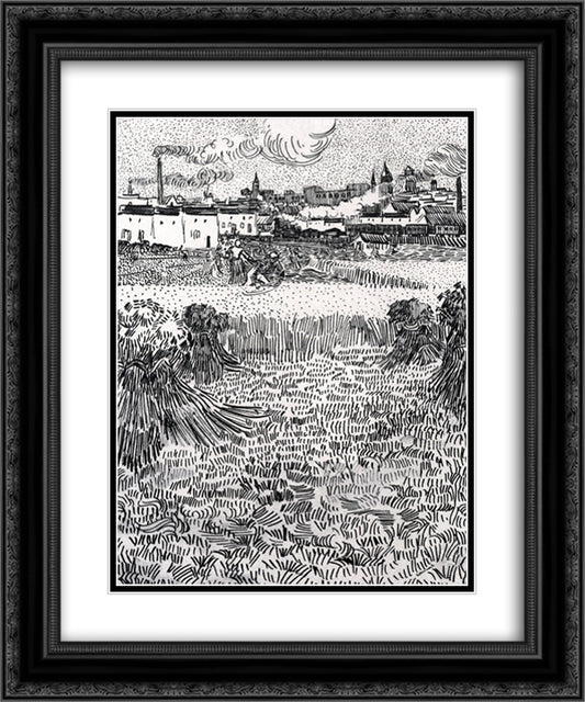 Wheat Field with Sheaves and Arles in the Background 20x24 Black Ornate Wood Framed Art Print Poster with Double Matting by Van Gogh, Vincent