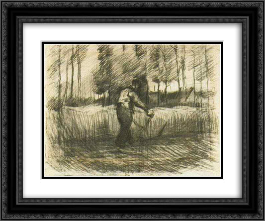 Wheat Field with Trees and Mower 24x20 Black Ornate Wood Framed Art Print Poster with Double Matting by Van Gogh, Vincent
