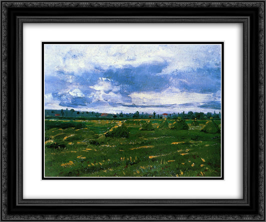 Wheat Fields with Stacks 24x20 Black Ornate Wood Framed Art Print Poster with Double Matting by Van Gogh, Vincent