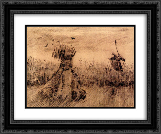 Wheatfield with a Stook and a Mill 24x20 Black Ornate Wood Framed Art Print Poster with Double Matting by Van Gogh, Vincent