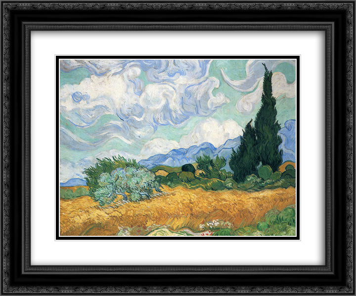 Wheatfield with cypress tree 24x20 Black Ornate Wood Framed Art Print Poster with Double Matting by Van Gogh, Vincent