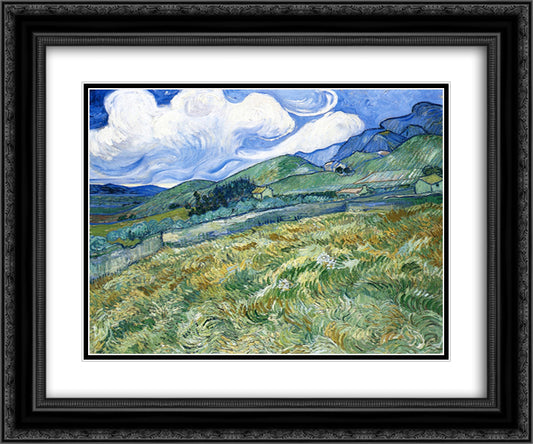 Wheatfield with Mountains in the Background 24x20 Black Ornate Wood Framed Art Print Poster with Double Matting by Van Gogh, Vincent