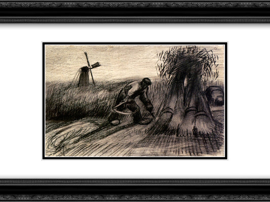 Wheatfield with Reaper and Peasant Woman Binding Sheaves 24x18 Black Ornate Wood Framed Art Print Poster with Double Matting by Van Gogh, Vincent