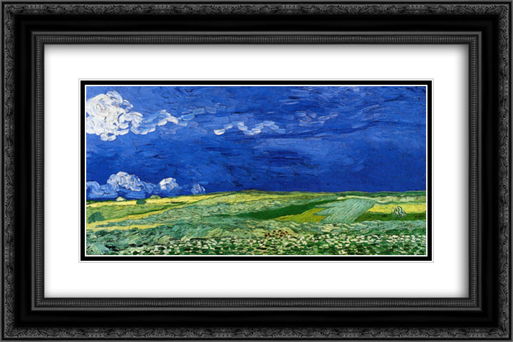 Wheatfields under Thunderclouds 24x16 Black Ornate Wood Framed Art Print Poster with Double Matting by Van Gogh, Vincent