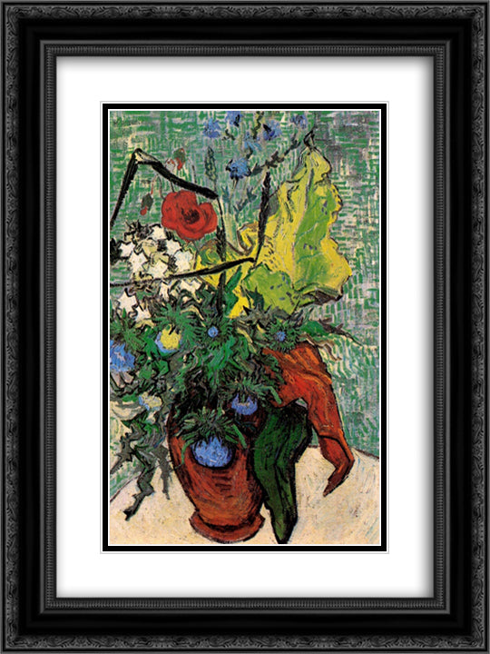 Wild Flowers and Thistles in a Vase 18x24 Black Ornate Wood Framed Art Print Poster with Double Matting by Van Gogh, Vincent