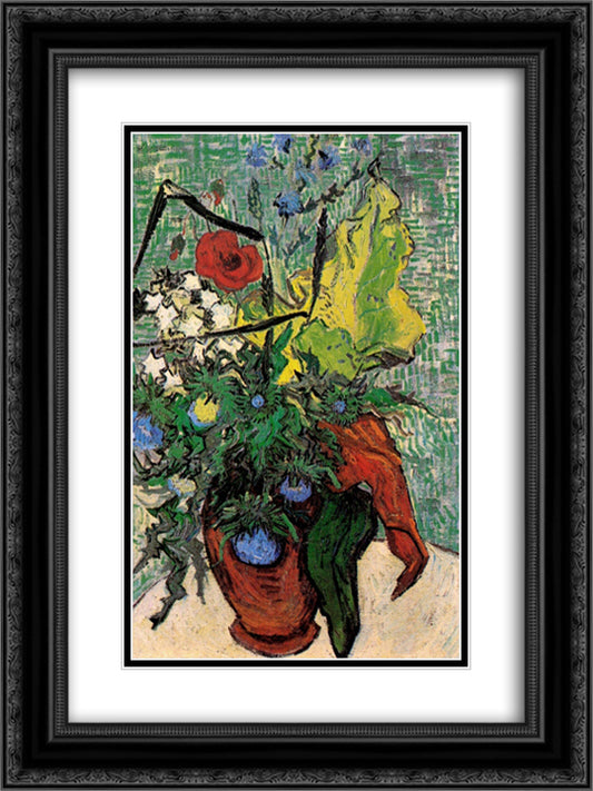 Wild Flowers and Thistles in a Vase 18x24 Black Ornate Wood Framed Art Print Poster with Double Matting by Van Gogh, Vincent