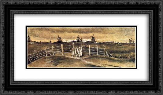 Windmils at Dordrecht 24x14 Black Ornate Wood Framed Art Print Poster with Double Matting by Van Gogh, Vincent