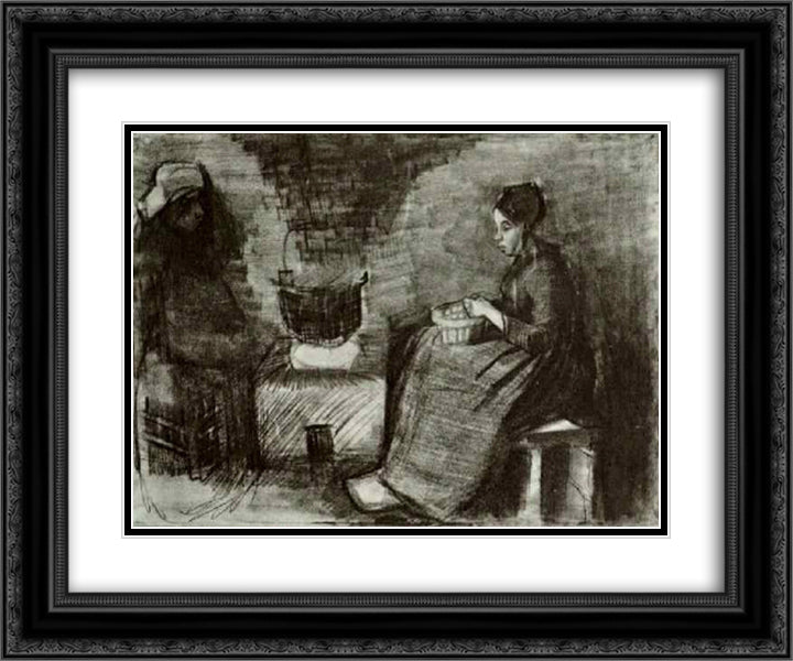 Woman, Sitting by the Fire, Peeling Potatoes, Sketch of a Second Figure 24x20 Black Ornate Wood Framed Art Print Poster with Double Matting by Van Gogh, Vincent