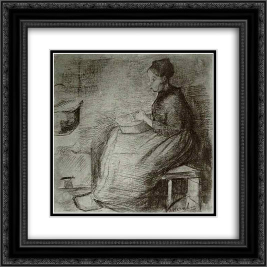 Woman, Sitting by the Fire, Peeling Potatoes 20x20 Black Ornate Wood Framed Art Print Poster with Double Matting by Van Gogh, Vincent