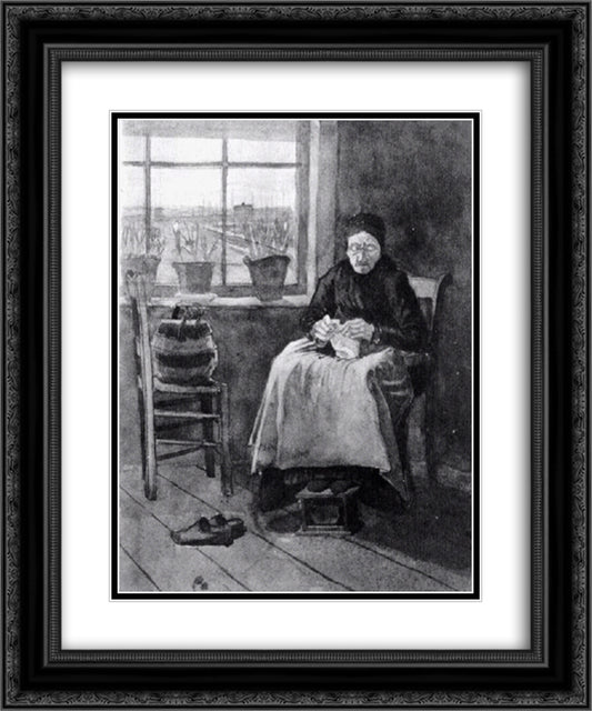 Woman at the Window, Knitting 20x24 Black Ornate Wood Framed Art Print Poster with Double Matting by Van Gogh, Vincent