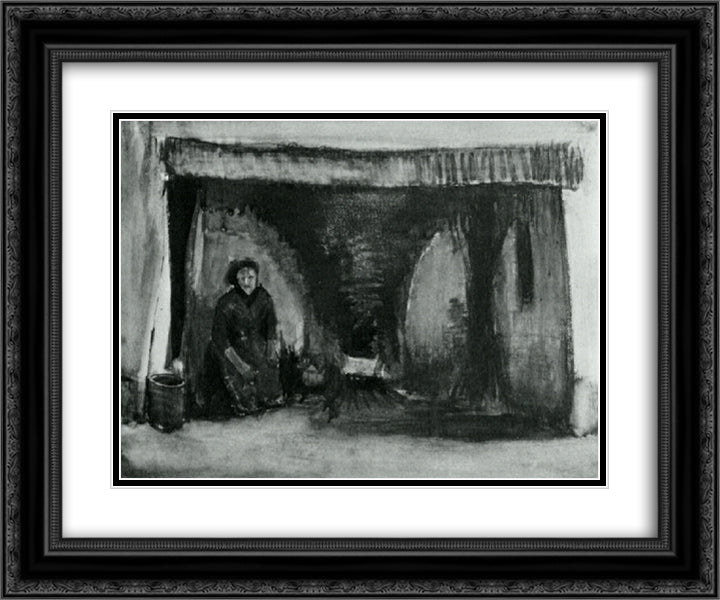 Woman by the Fireplace 24x20 Black Ornate Wood Framed Art Print Poster with Double Matting by Van Gogh, Vincent