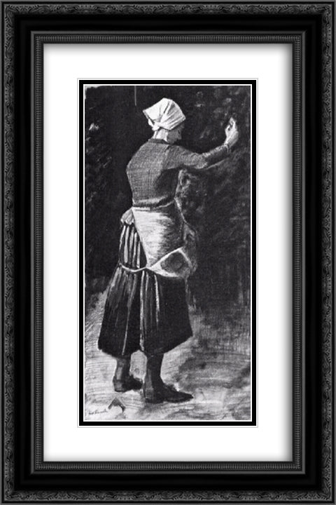 Woman Feeding Chickens 16x24 Black Ornate Wood Framed Art Print Poster with Double Matting by Van Gogh, Vincent