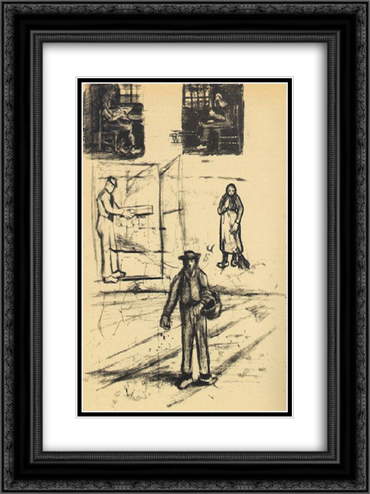 Woman near a Window twice, Man with Winnow, Sower, and Woman with Broom 18x24 Black Ornate Wood Framed Art Print Poster with Double Matting by Van Gogh, Vincent