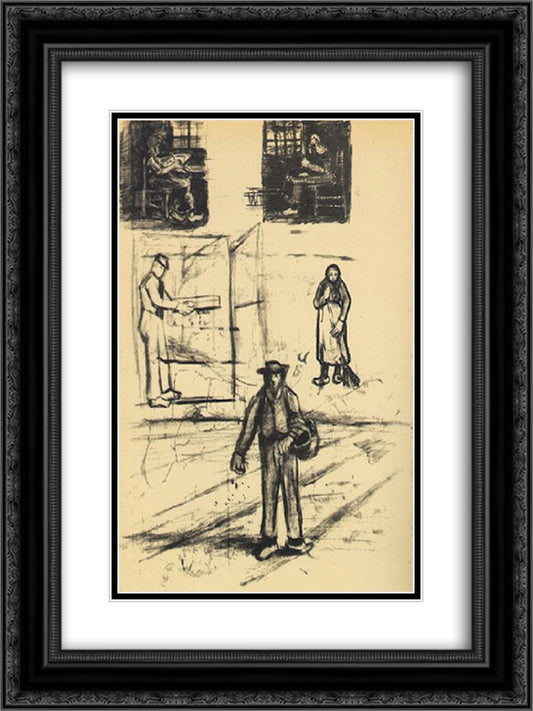 Woman near a Window twice, Man with Winnow, Sower, and Woman with Broom 18x24 Black Ornate Wood Framed Art Print Poster with Double Matting by Van Gogh, Vincent