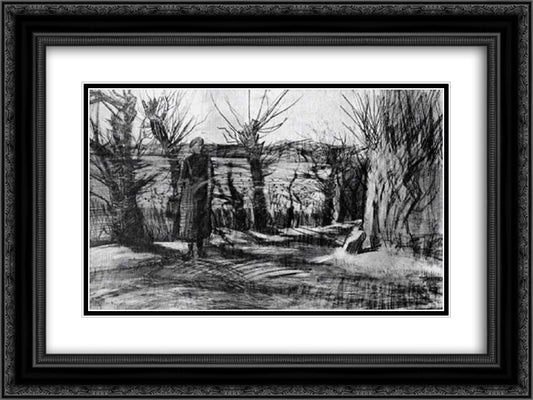 Woman on a Road with Pollard Willows 24x18 Black Ornate Wood Framed Art Print Poster with Double Matting by Van Gogh, Vincent
