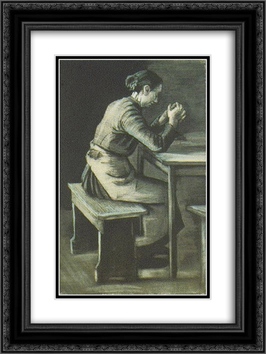 Woman Praying 18x24 Black Ornate Wood Framed Art Print Poster with Double Matting by Van Gogh, Vincent